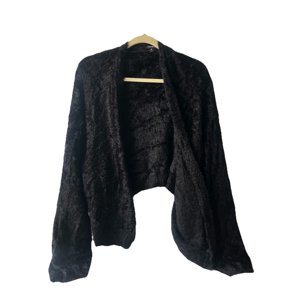 Torrid Black Open Collared Cardigan High Low Women's Size 6 6x Plus Faux Fur